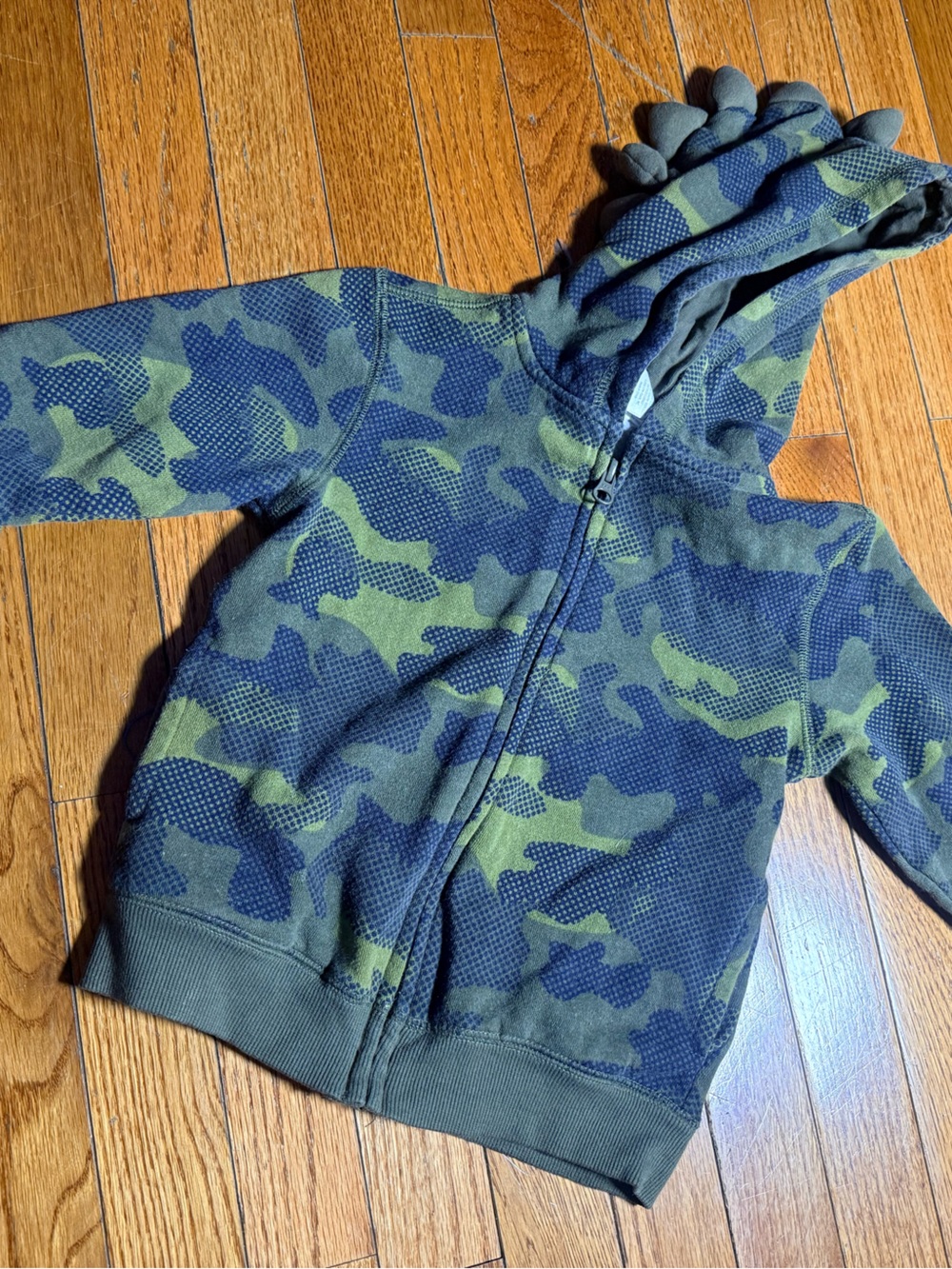Gymboree Olive Green and Navy Camo Dinosaur Zip Hoodie with Hood Spikes